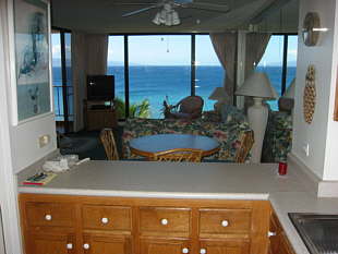 View of living rooms towards kitchen